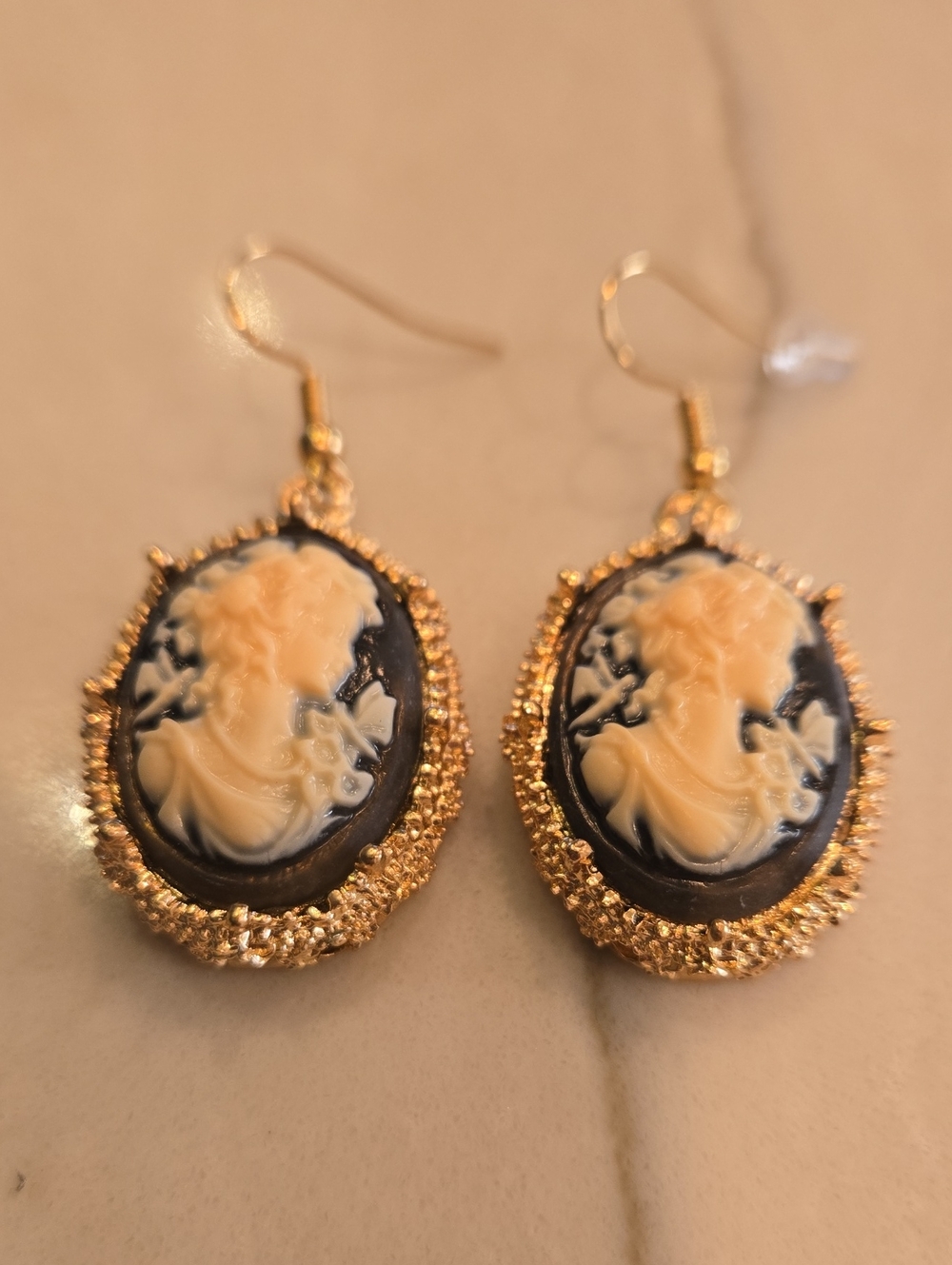 Gold-Tone Black Cameo Dangle Earrings - Matches Pendant